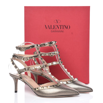 Valentino Garavani Metallic Pebbled Calfskin Rockstud Ankle Strap 65mm Pumps 36.5 Sasso 9 of 9