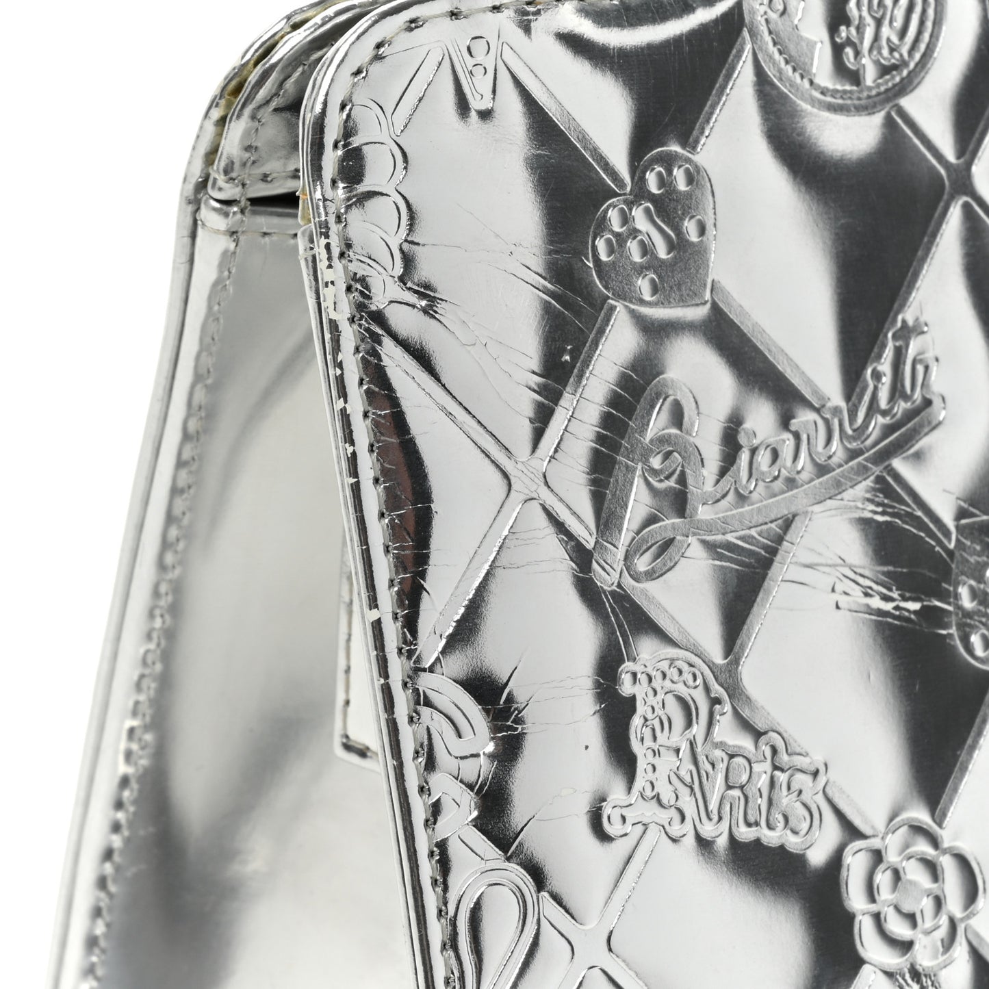 Metallic Patent Calfskin Lucky Symbols Pochette Silver