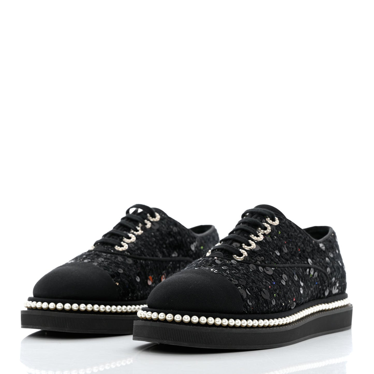 Tweed Grosgrain Sequin Pearl Lace Up Sneakers 39 Black