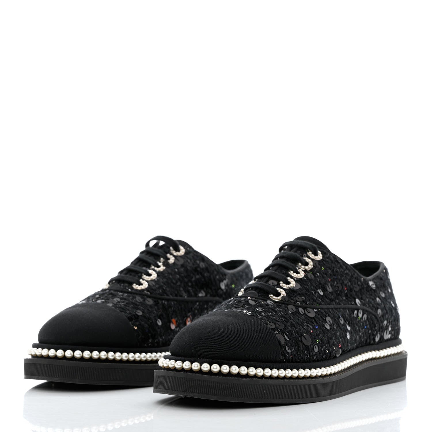 Chanel Tweed Grosgrain Sequin Pearl Lace Up Sneakers 39 Black 3 of 10