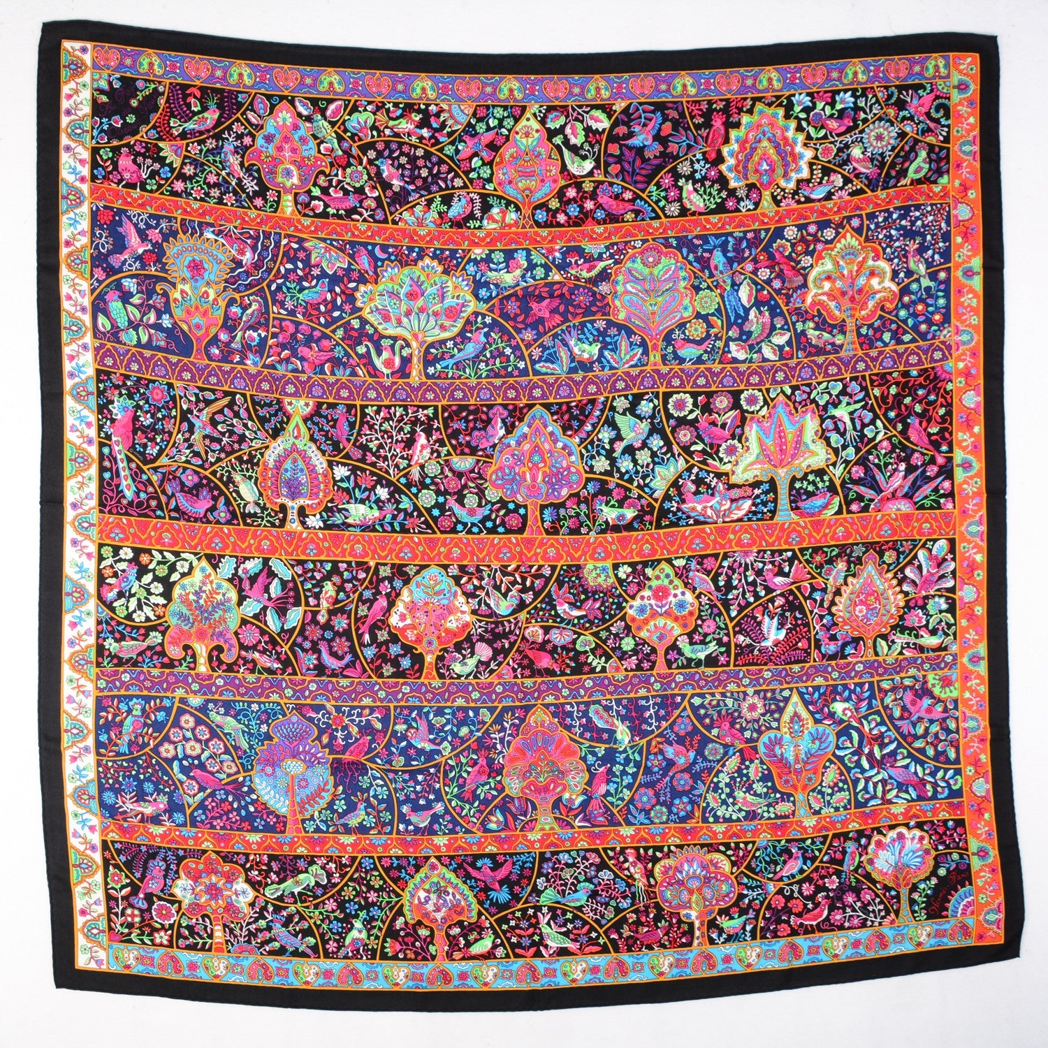 Hermes Cashmere Silk Au Pays De Oiseaux Fleurs Shawl 140 Noir Fuchsia Vert 2 of 6
