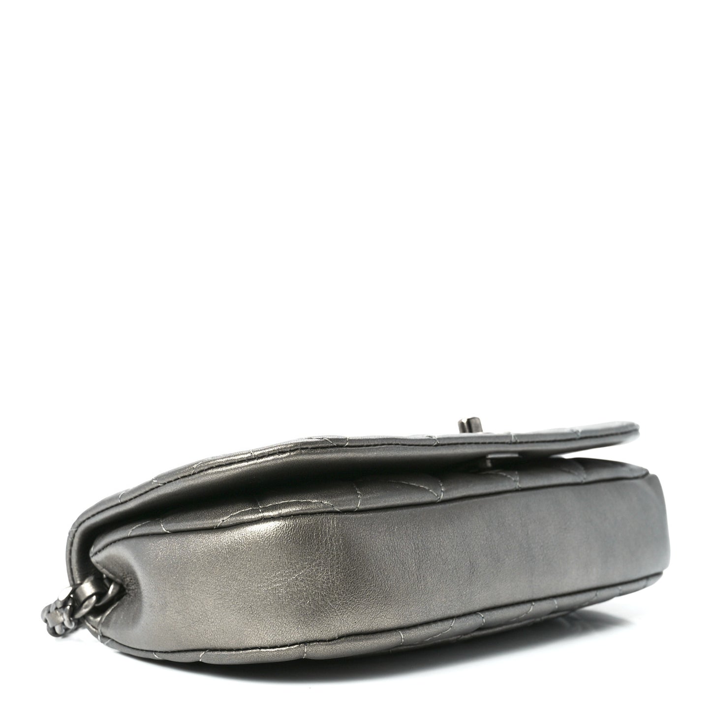 Metallic Calfskin Quilted Flap Clutch With Chain Ruthenium