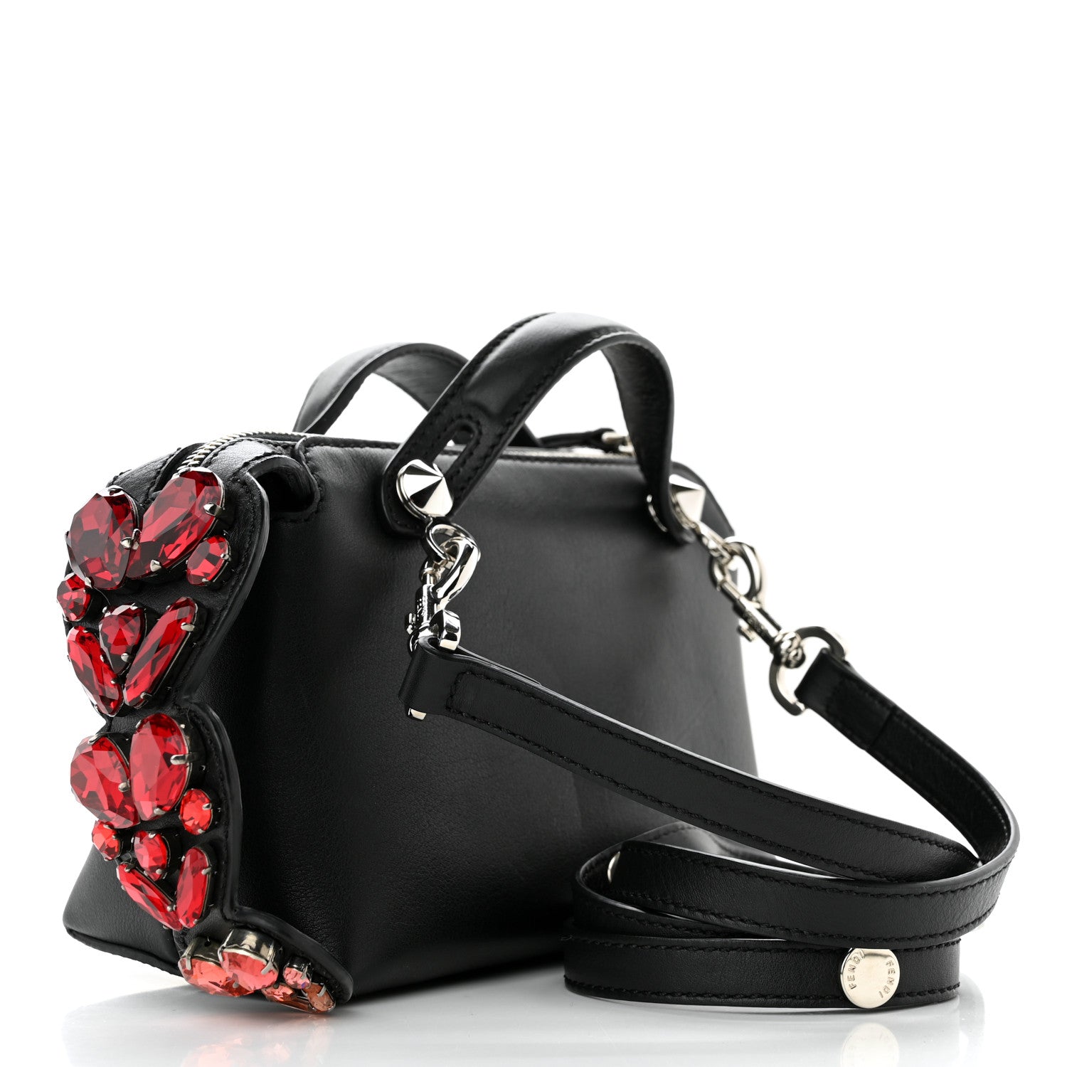 Fendi Vitello Dolce Crystal Heart Croc Tail Mini By The Way Boston Bag Black Rosso 3 of 13