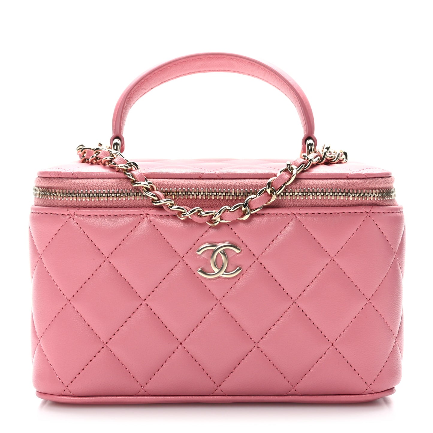 Lambskin Quilted Small Top Handle Vanity Case With Chain Pink
