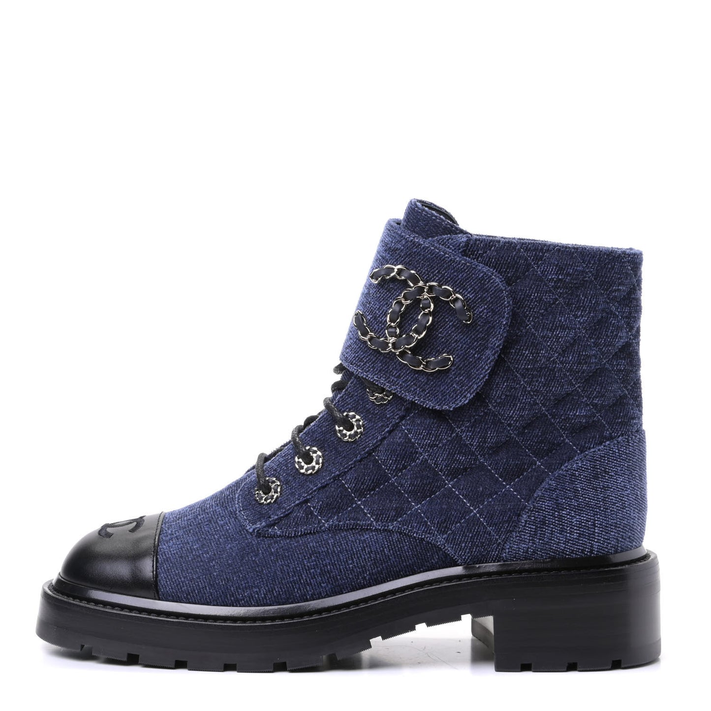 Denim Calfskin Quilted Lace Up Combat Boots 39 Blue