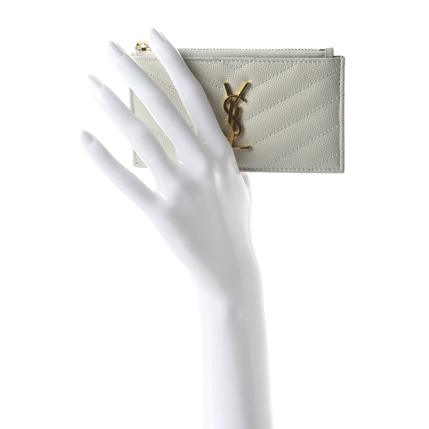 Saint Laurent Grain De Poudre Matelasse Chevron Monogram Fragments Zippered Card Case White 2 of 8