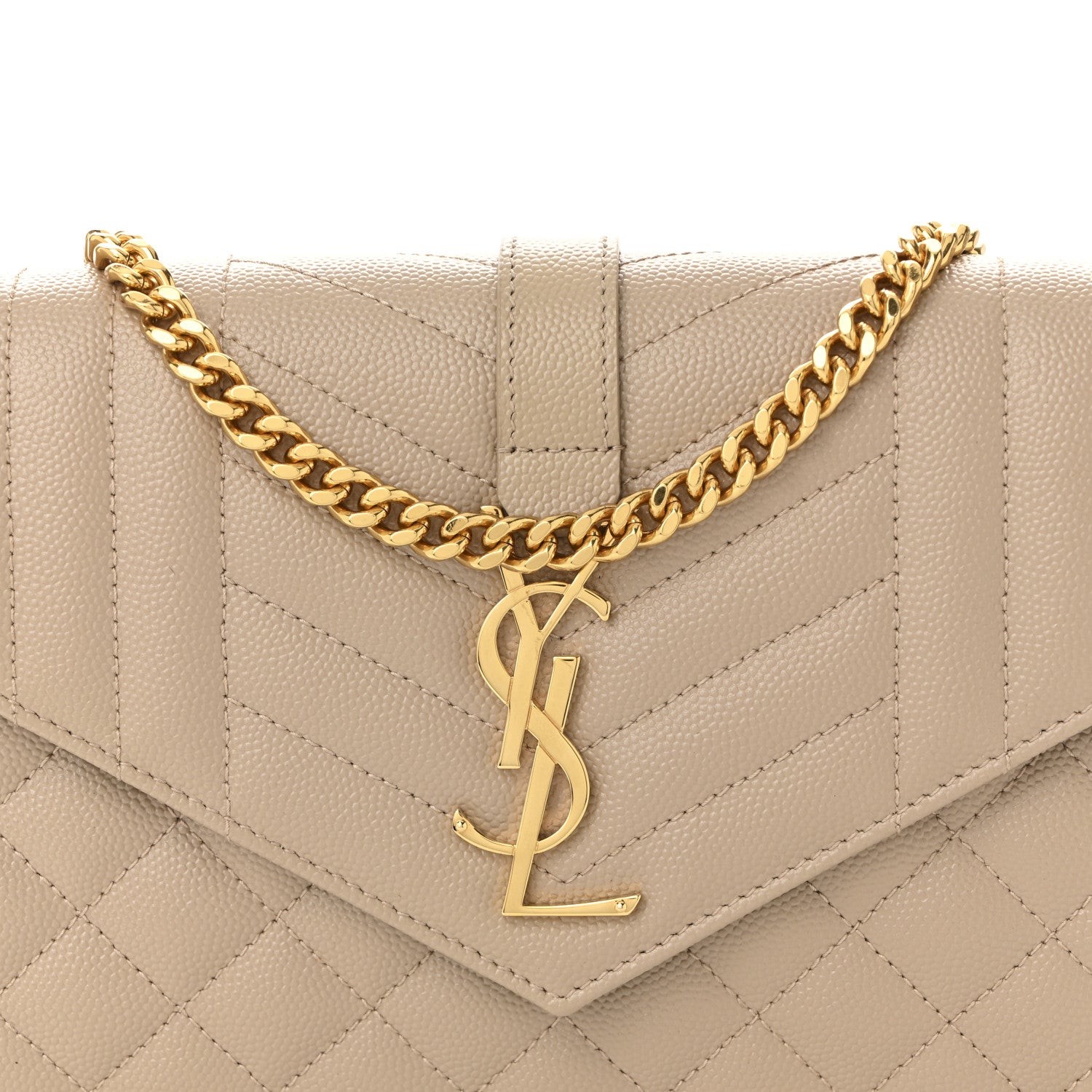 Saint Laurent Grain De Poudre Mixed Matelasse Triquilt Monogram Chain Wallet Dark Beige 7 of 10