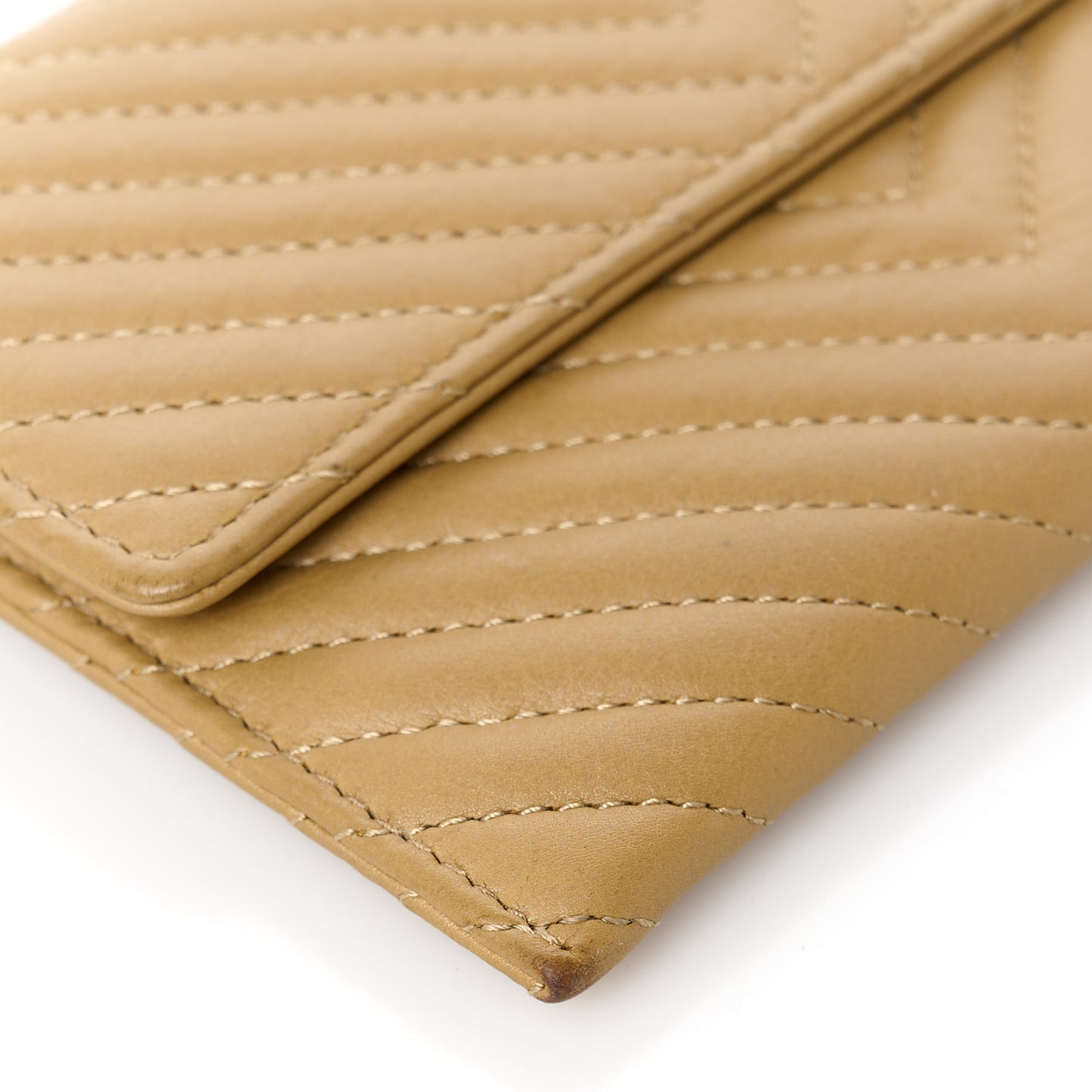 Aged Calfskin Chevron Quilted Flap Card Holder Beige
