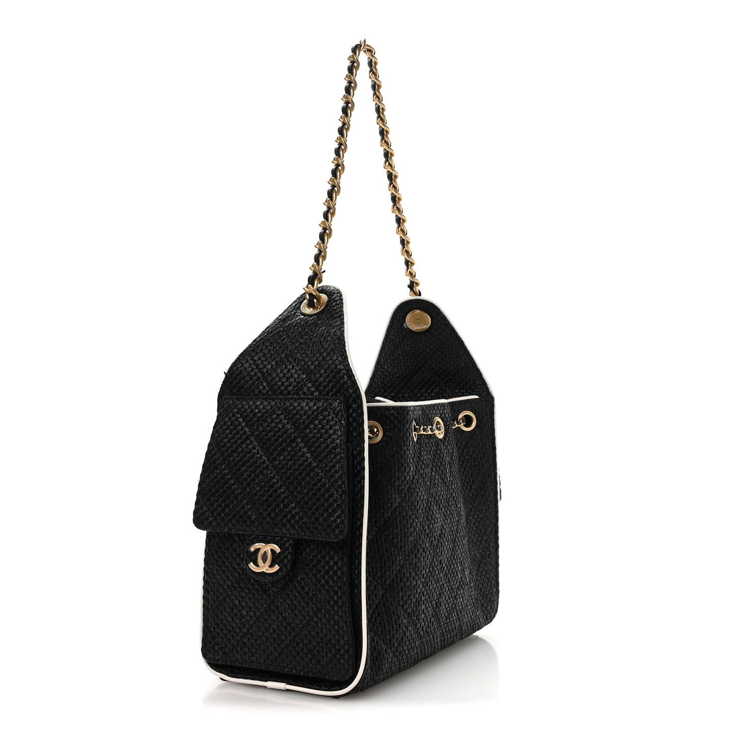 Braided Raffia Calfskin Small Chanel 25 Handbag Black White