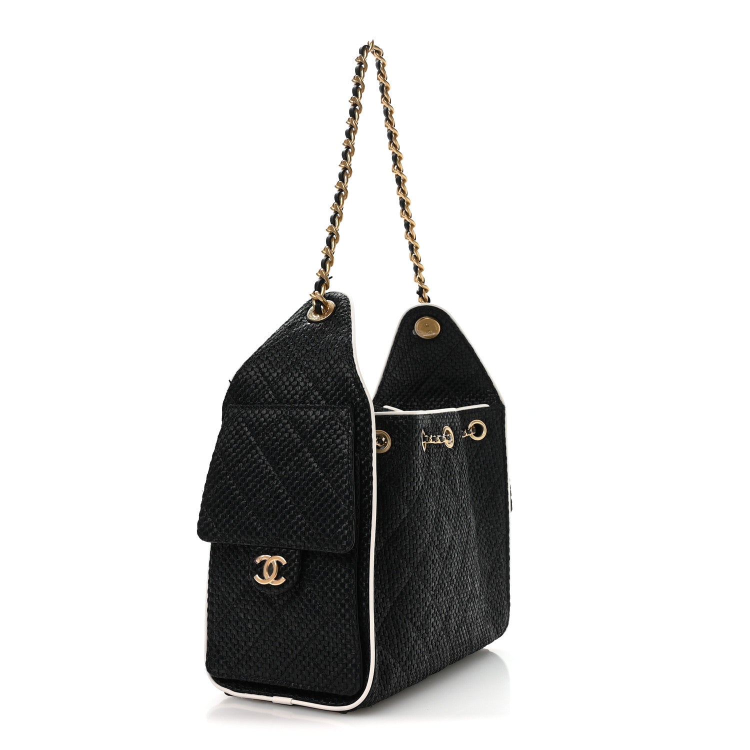 Chanel Braided Raffia Calfskin Small Chanel 25 Handbag Black White 3 of 11
