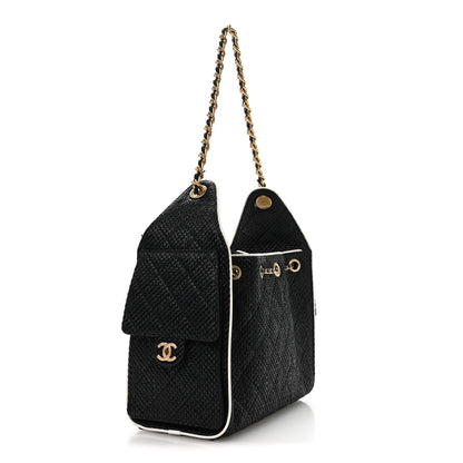 Chanel Braided Raffia Calfskin Small Chanel 25 Handbag Black White 3 of 11