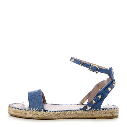 Valentino Garavani Grained Calfskin Rockstud Ankle Strap Espadrille Flat Sandals 41 Baltique 1 of 12
