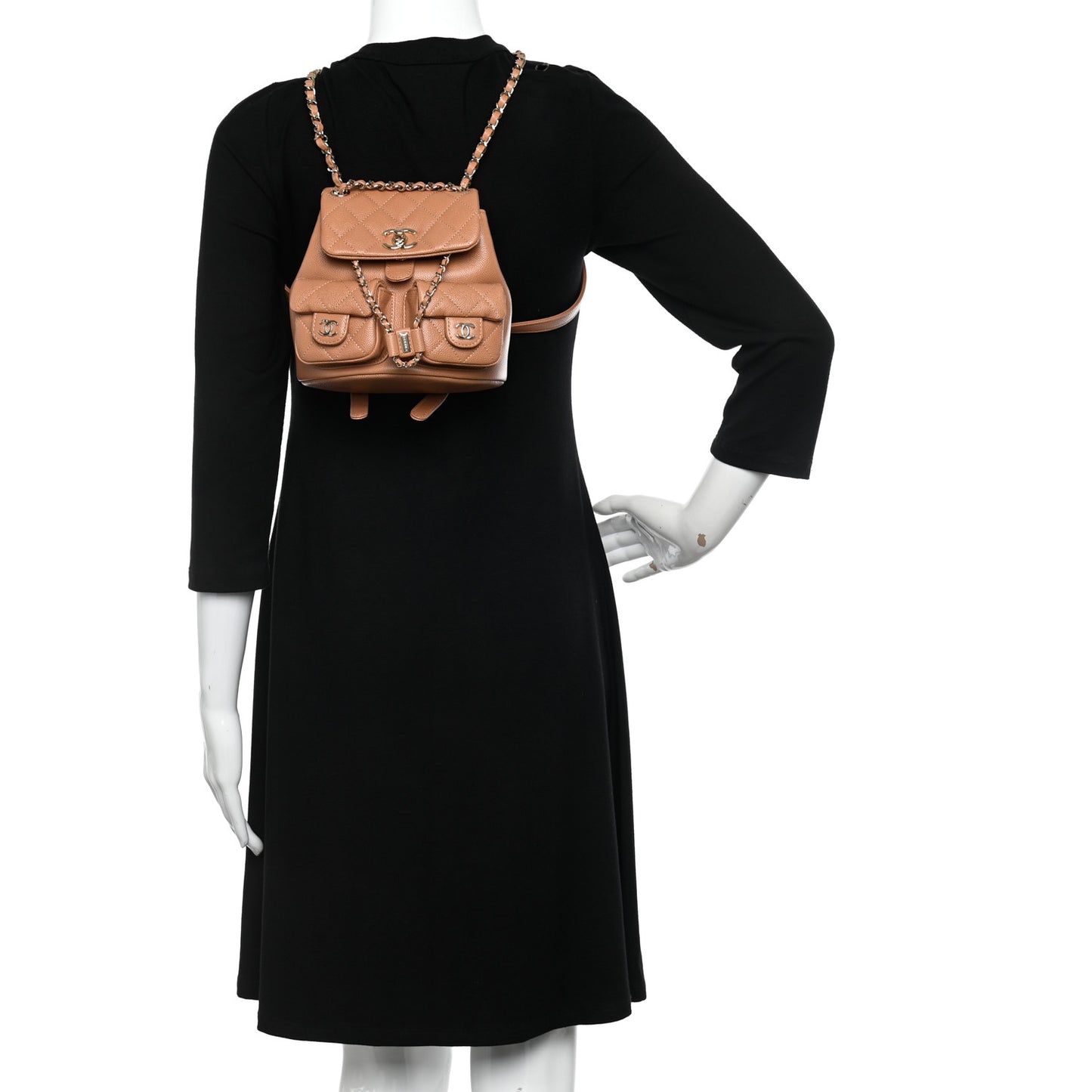 Shiny Caviar Quilted Small Duma Pockets Drawstring Backpack Dark Beige