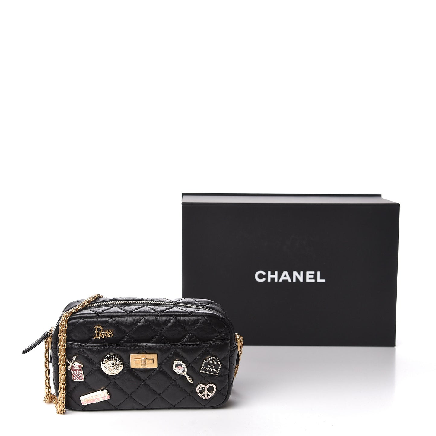 Aged Calfskin Quilted Mini Lucky Charm Reissue Camera Case Black