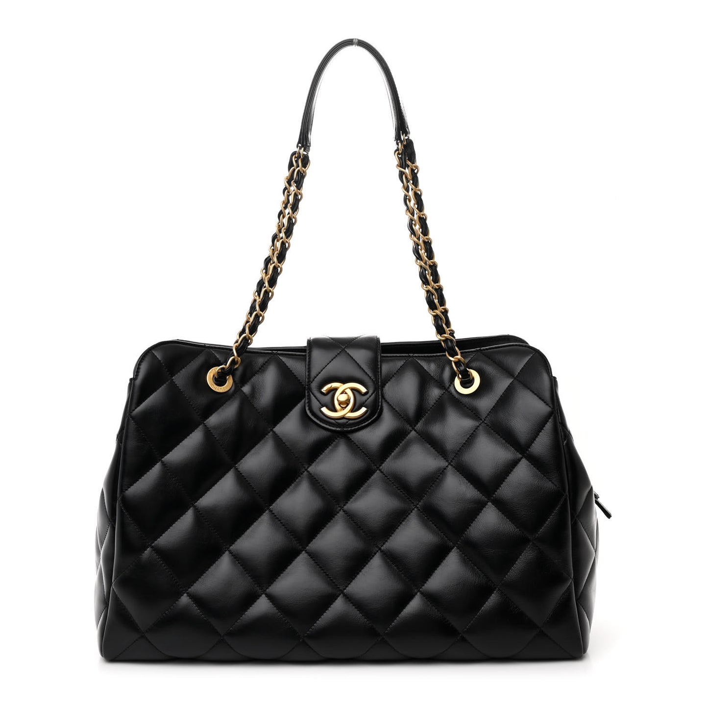 Shiny Calfskin Quilted Shopping Tote Black