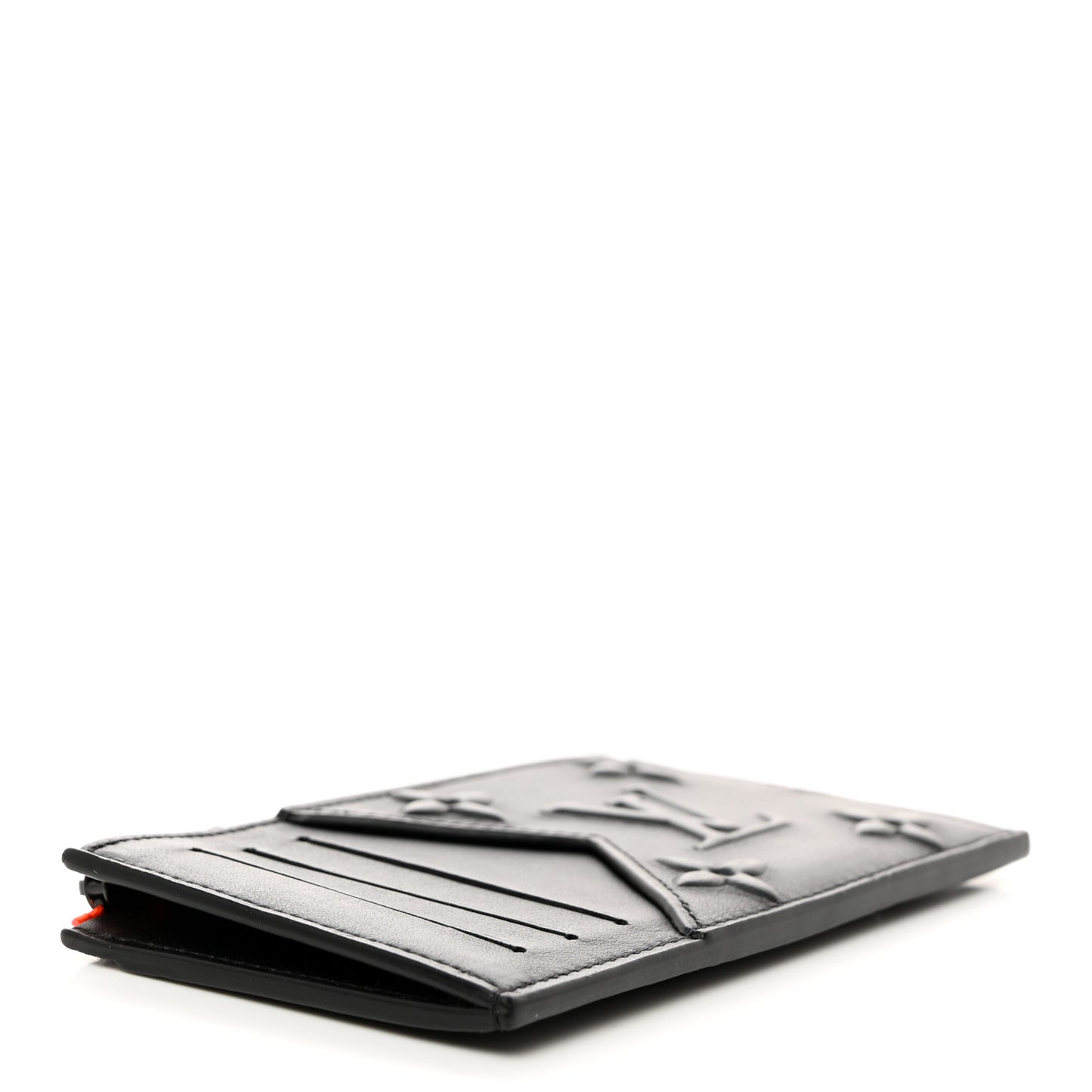 Calfskin Debossed Monogram Coin Card Holder Black