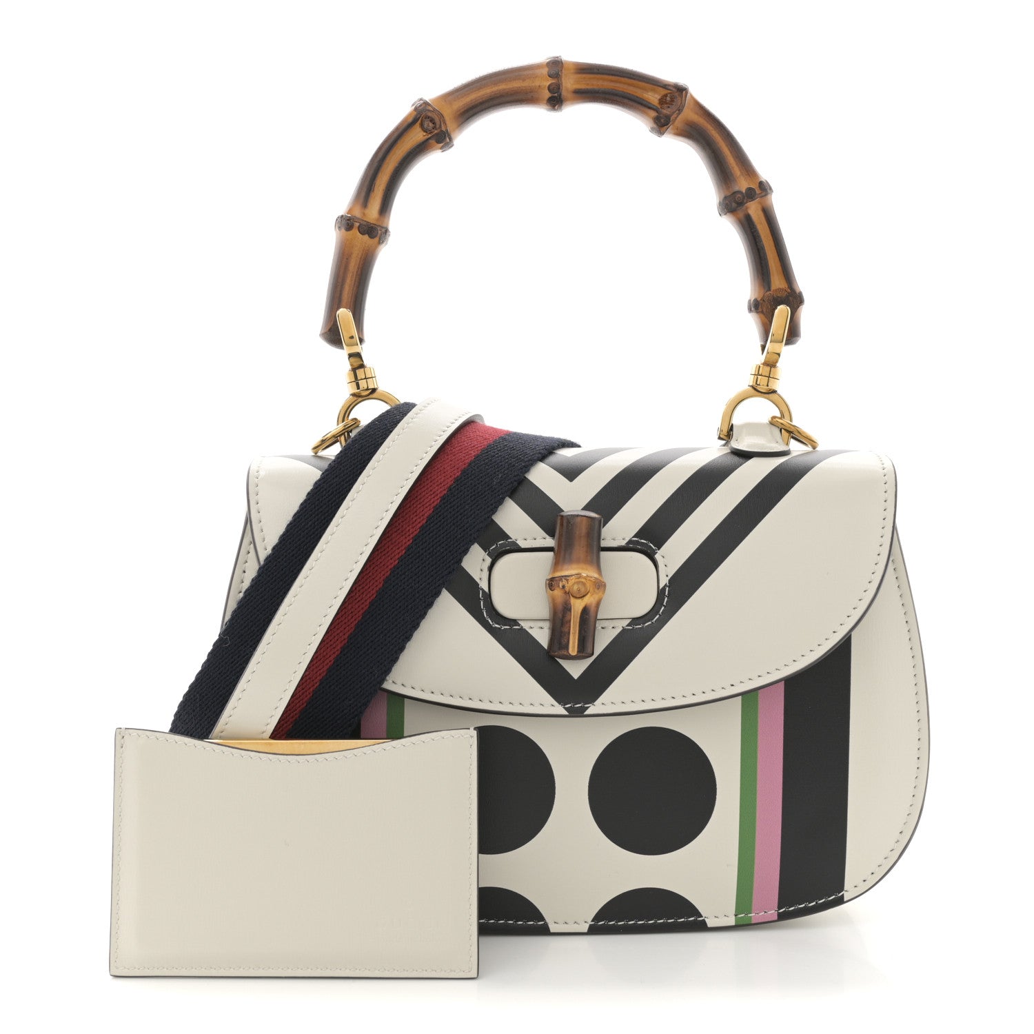 Gucci Calfskin Web Geometric Print Small Bamboo 1947 Top Handle Bag White Multicolor 3 of 11