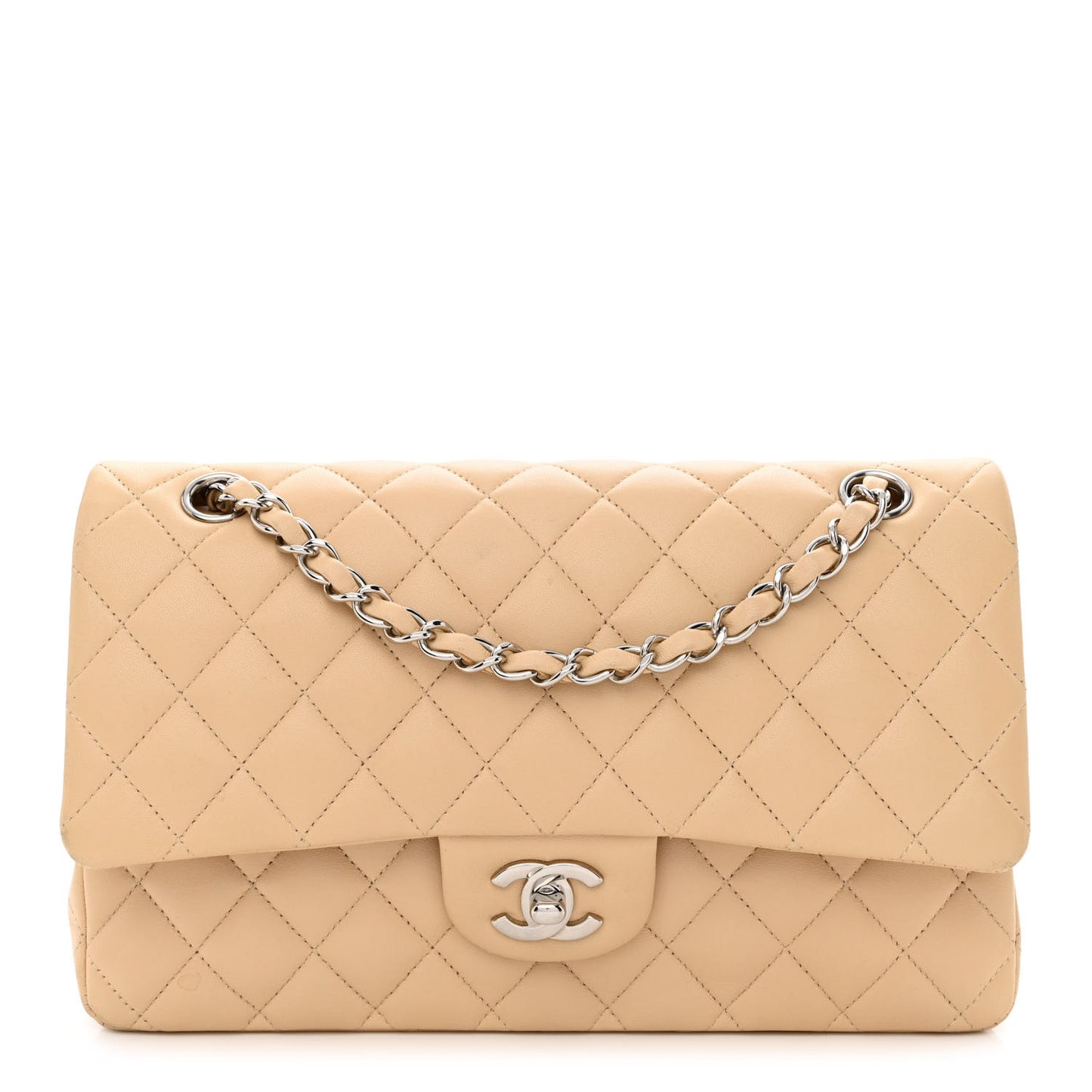 Lambskin Quilted Medium Double Flap Beige