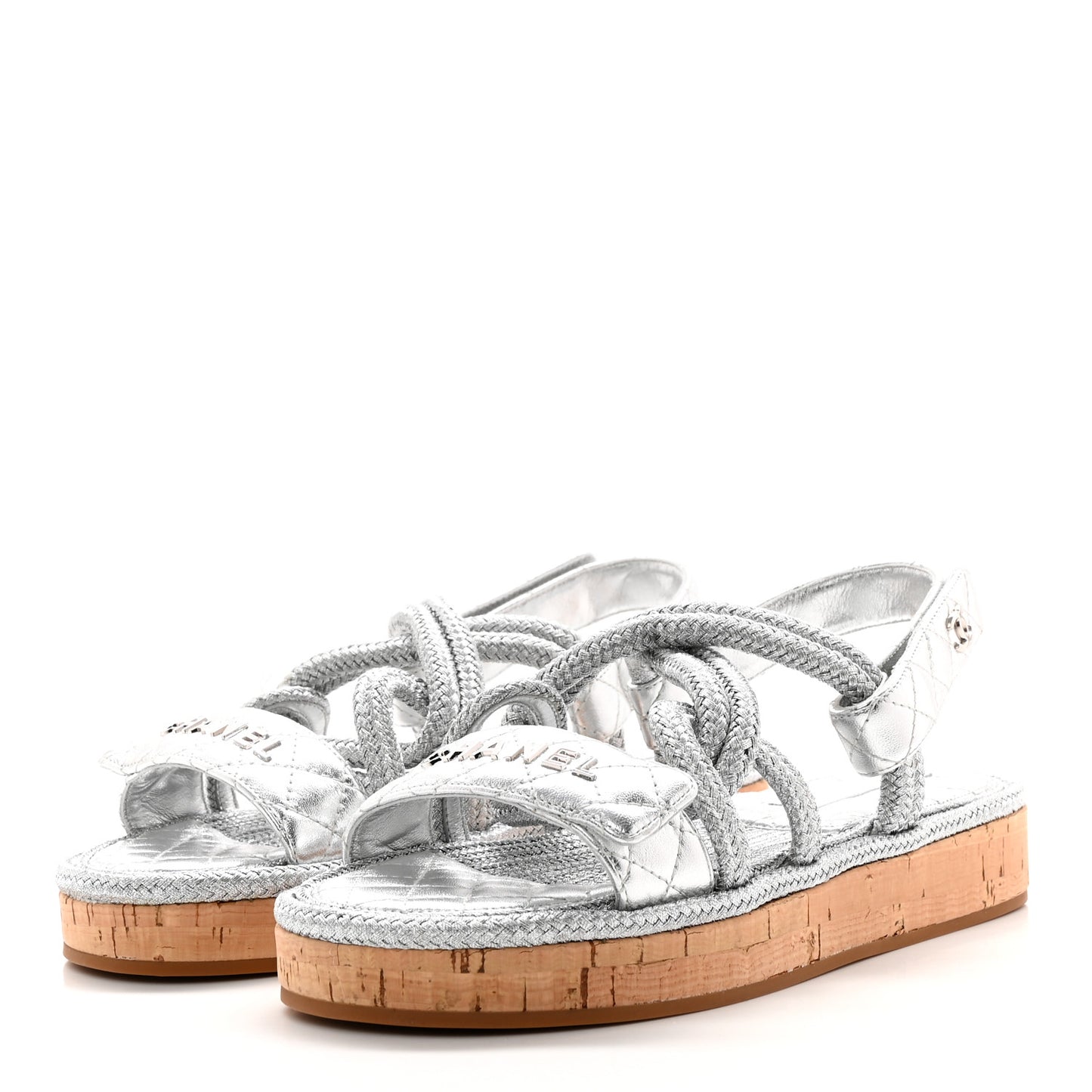 Metallic Cord Lambskin Quilted Logo Sandals 38 Silver