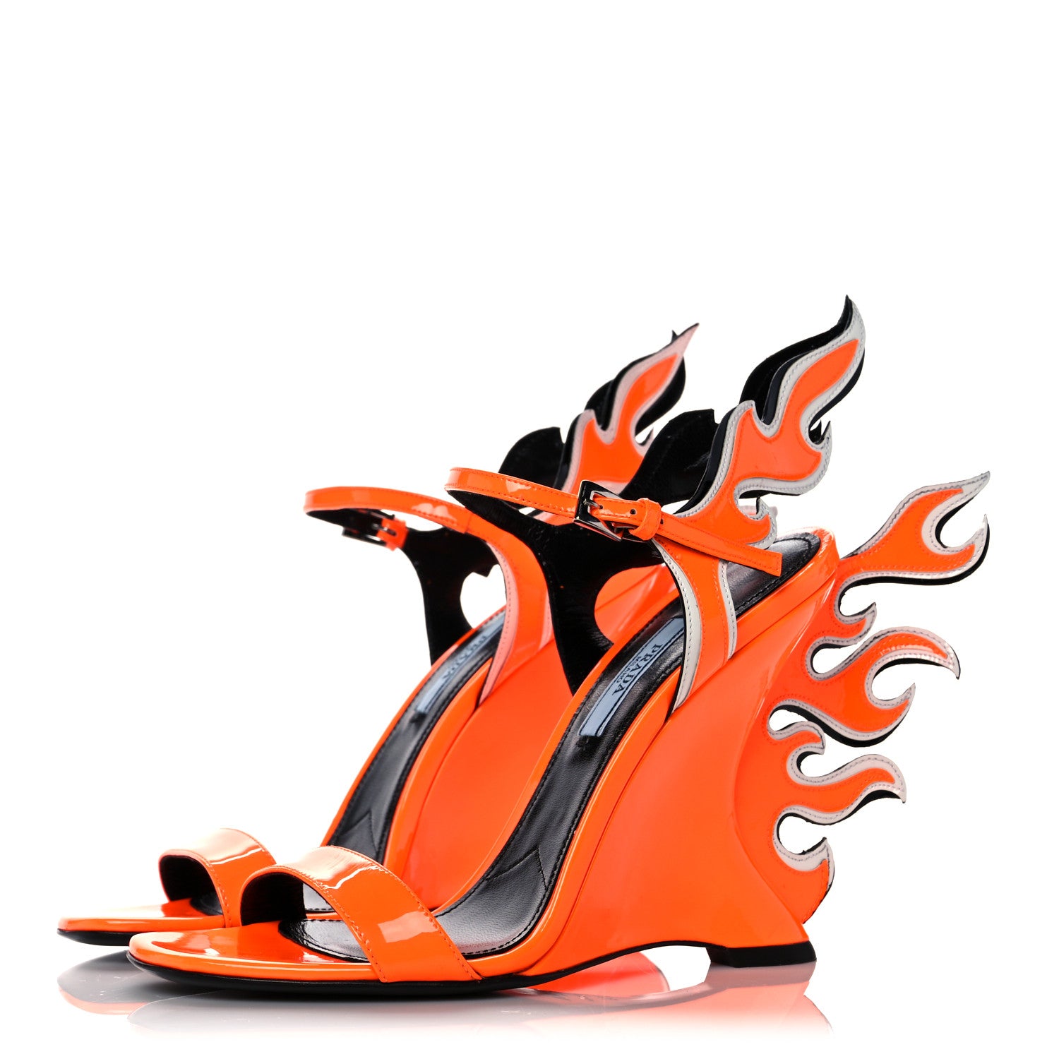 Prada Patent Flame Wedge Sandals Arancio Fluo 954172