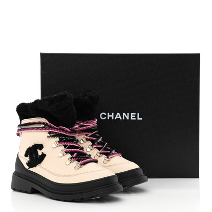 Chanel Calfskin Shearling CC Lace Up Boots 35 Black White 9 of 9