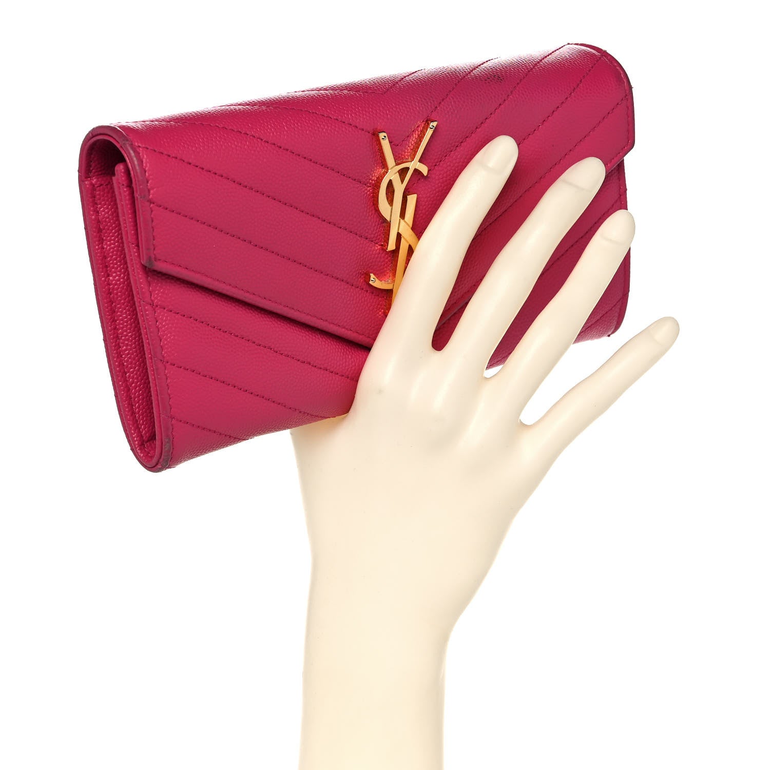 Saint Laurent Grain De Poudre Matelasse Chevron Monogram Flap Wallet Fuxia 2 of 13