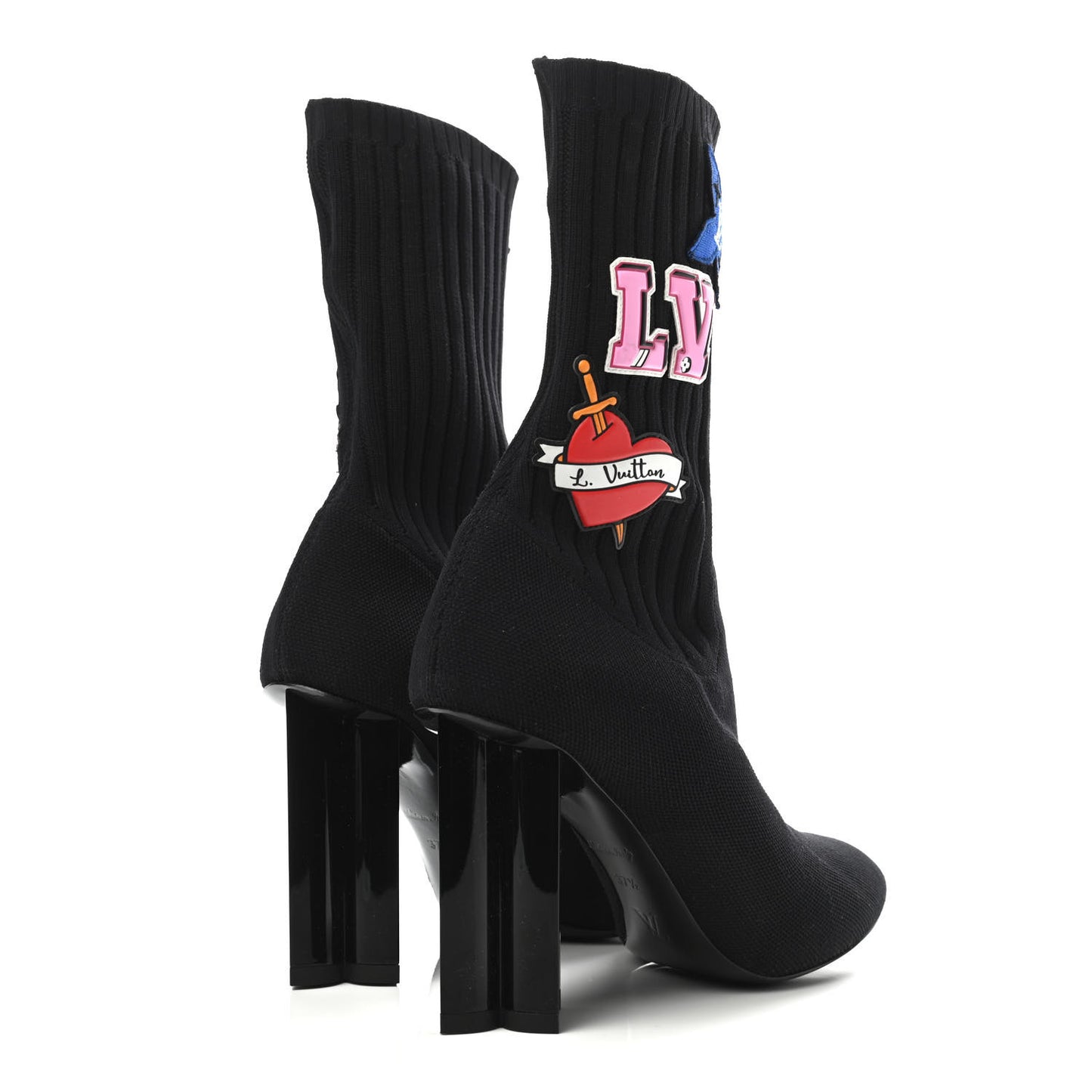 Stretch Fabric LV Black Heart Sock Ankle Boots 37.5 Black