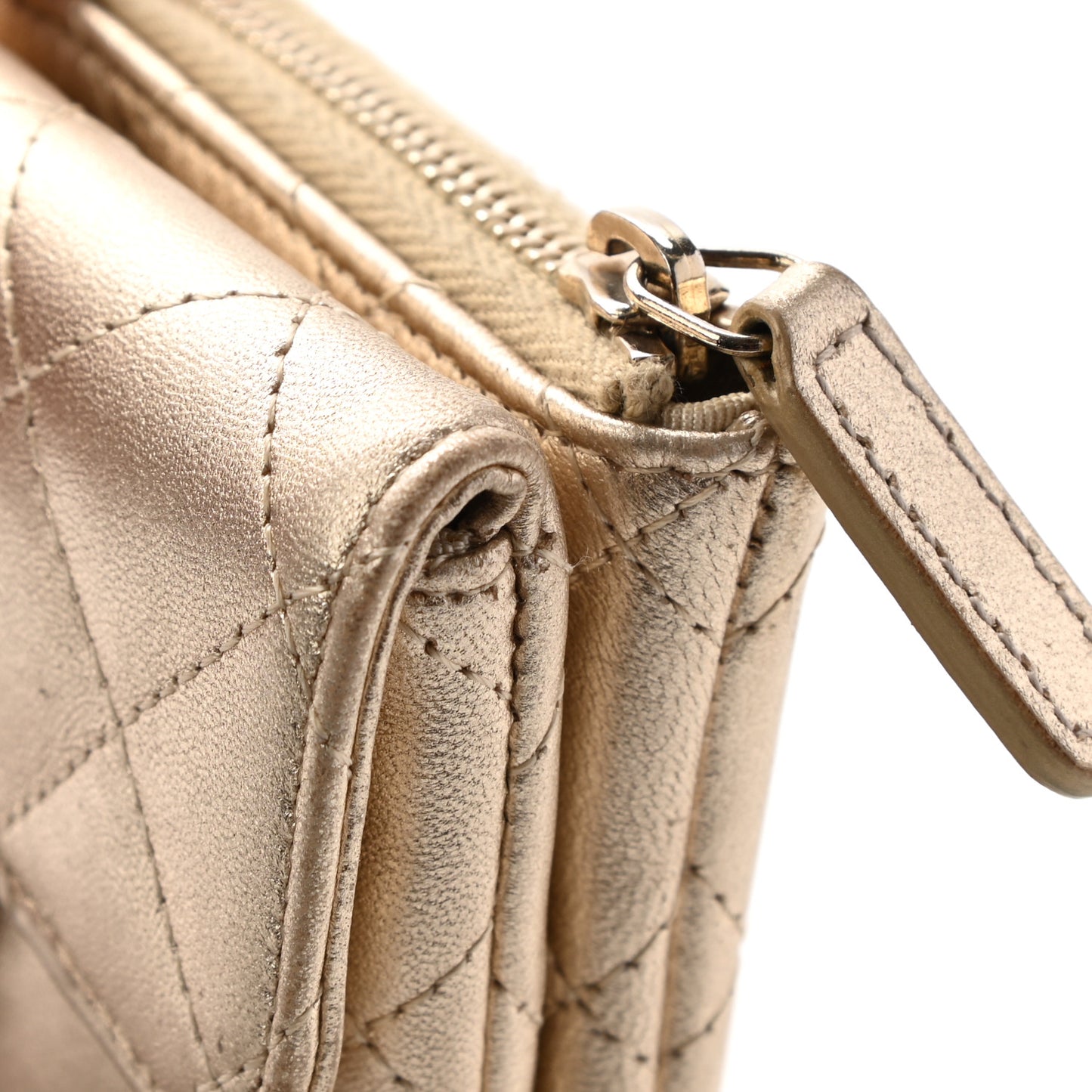 Metallic Lambskin Quilted Flap Card Holder Wallet Gold