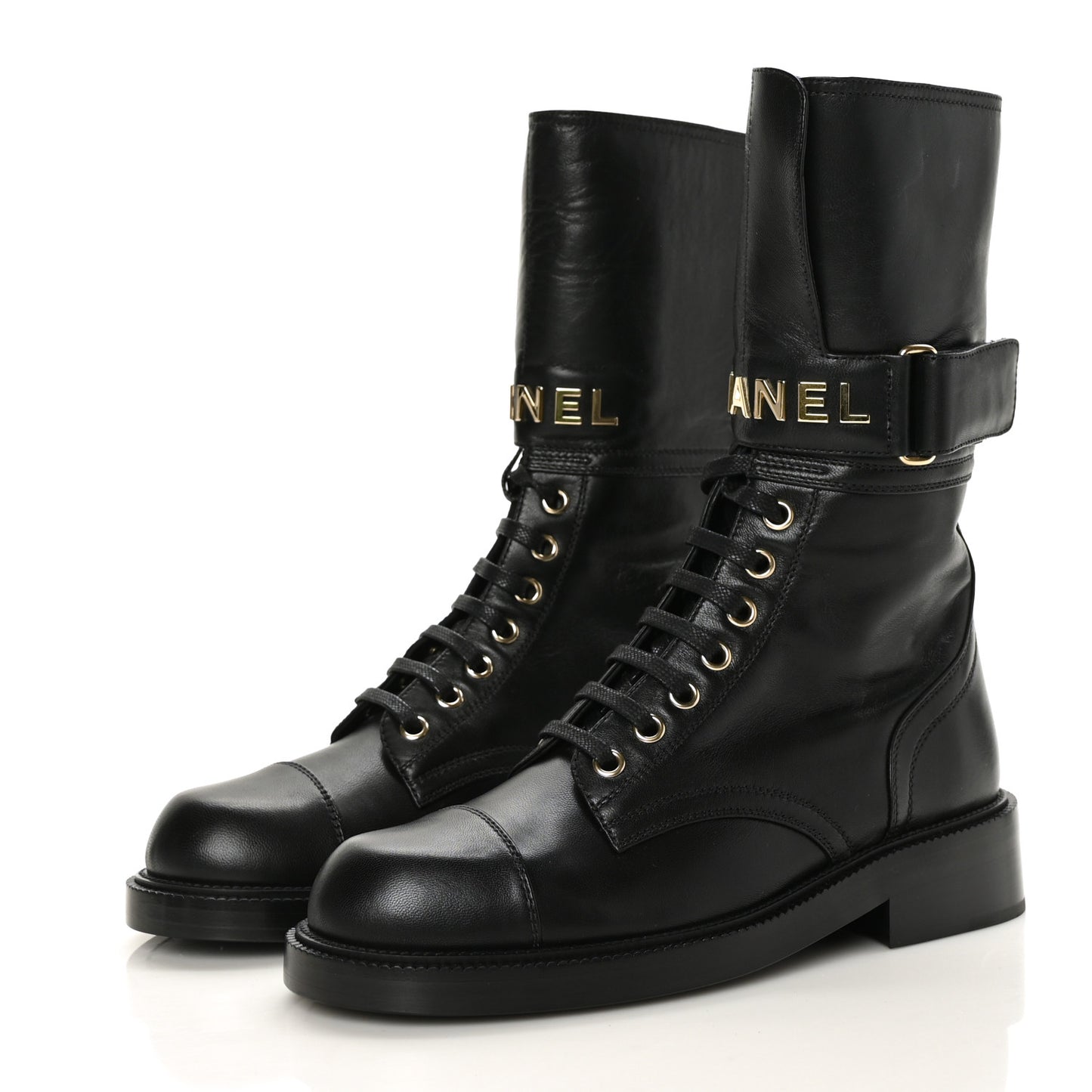 Shiny Calfskin Lace Up Combat Boots 36 Black