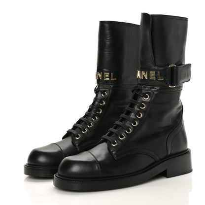 Chanel Shiny Calfskin Lace Up Combat Boots 36 Black 3 of 6