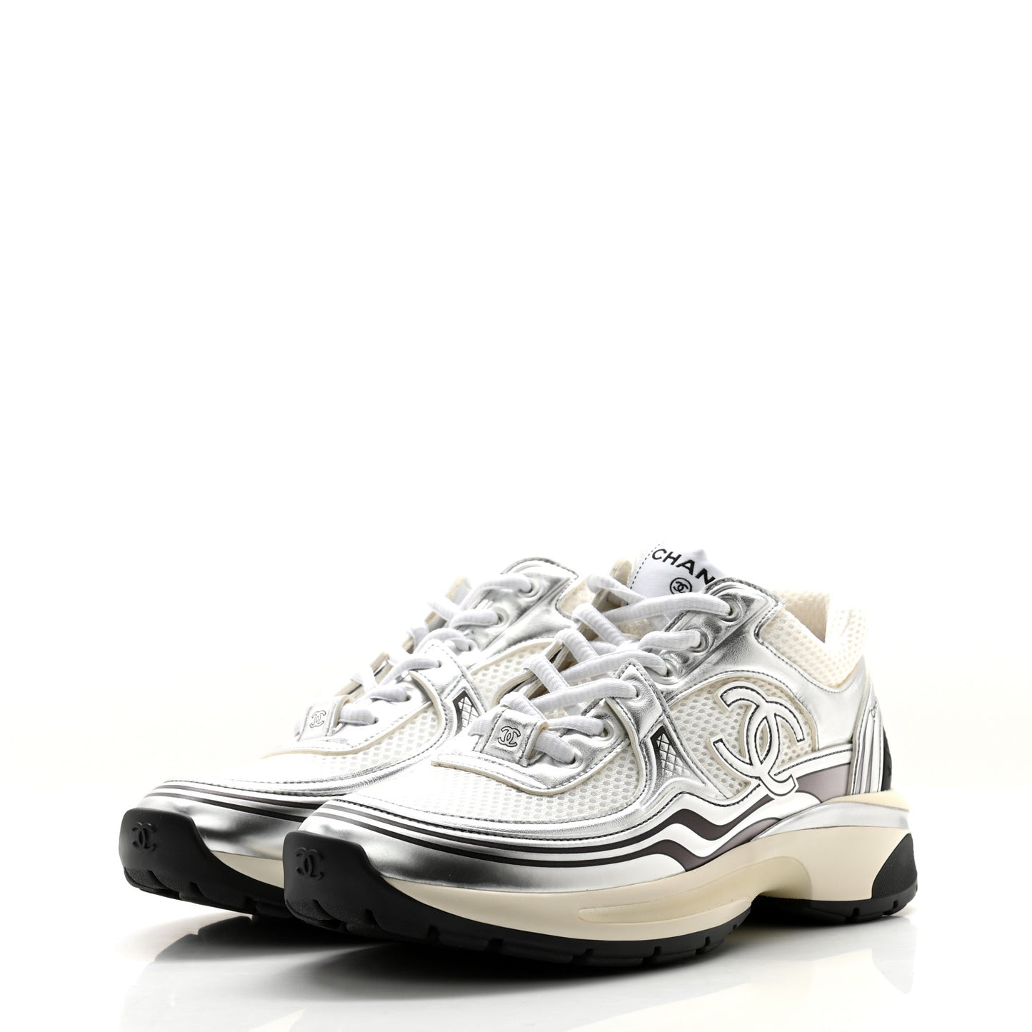 Fabric Laminated Calfskin Stretch CC Sneakers 36.5 White Silver