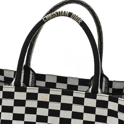 Christian Dior Canvas Embroidered Checkered Book Tote Black White 11 of 12