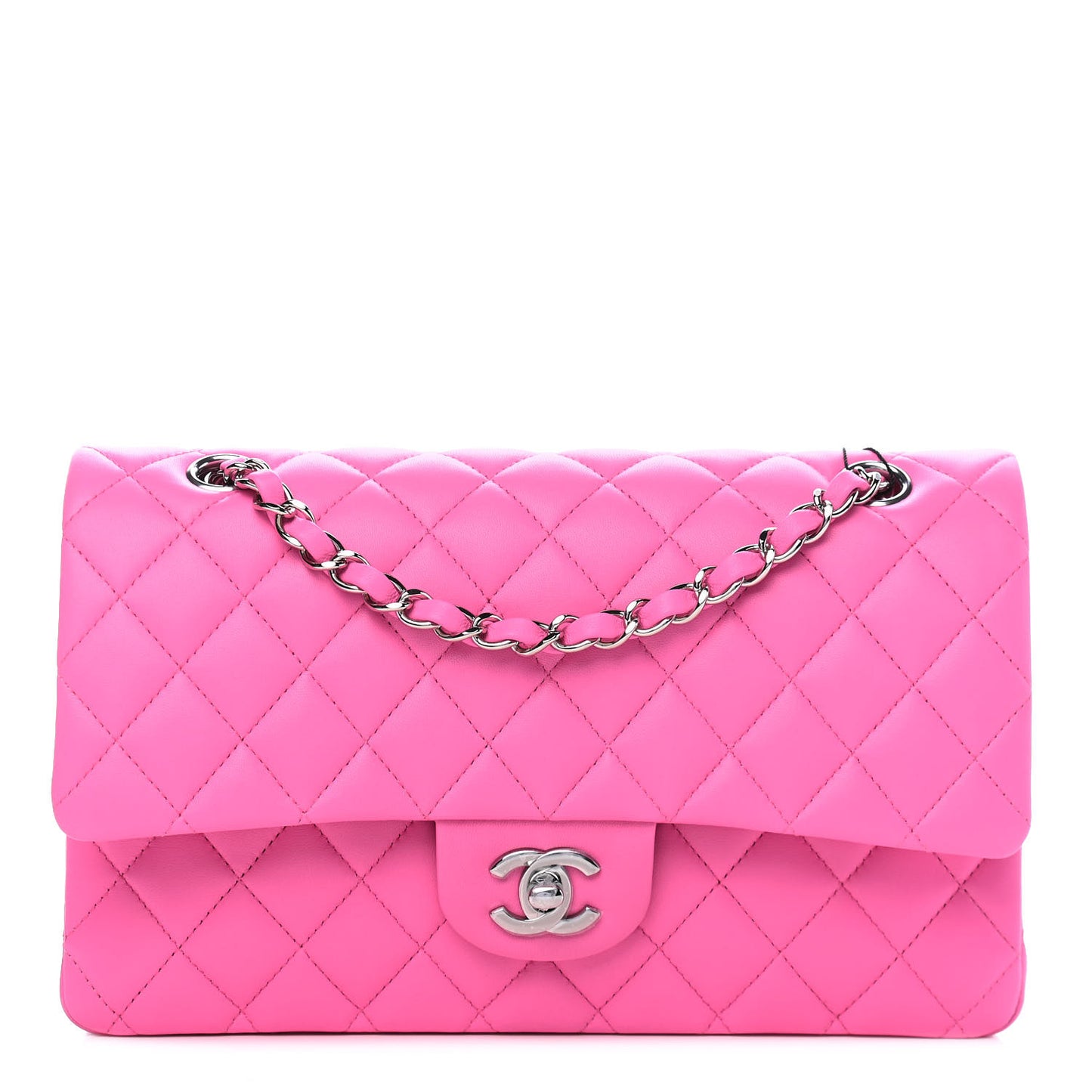 Lambskin Quilted Medium Double Flap Neon Pink