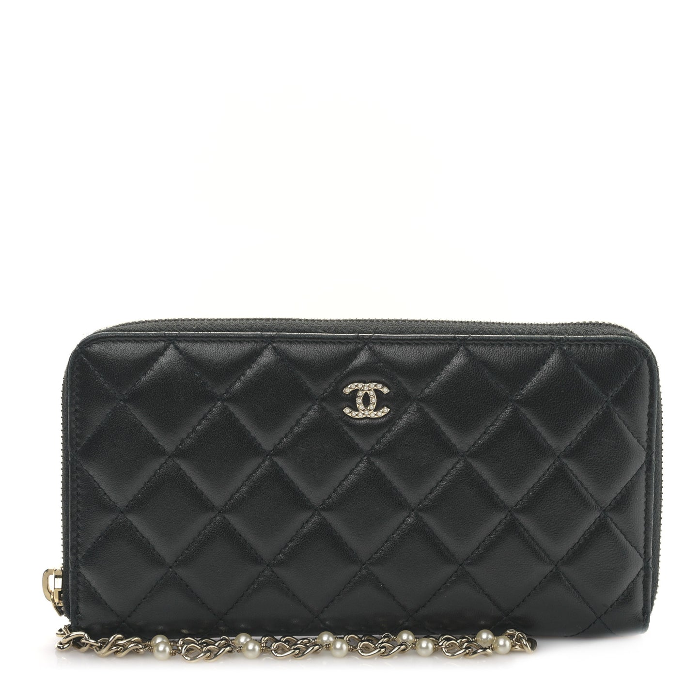 Lambskin Zip Around Large Gusset Wallet With Pearl Chain Black