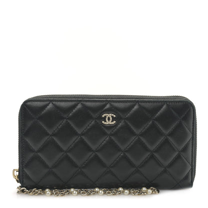 Chanel Lambskin Zip Around Large Gusset Wallet With Pearl Chain Black 1 of 11