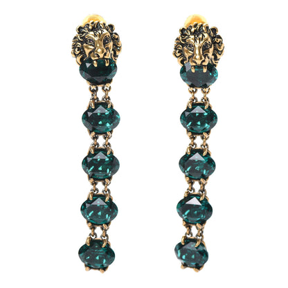 Gucci Crystal Metal Lionhead Drop Earrings Emerald Aged Gold 1 of 4