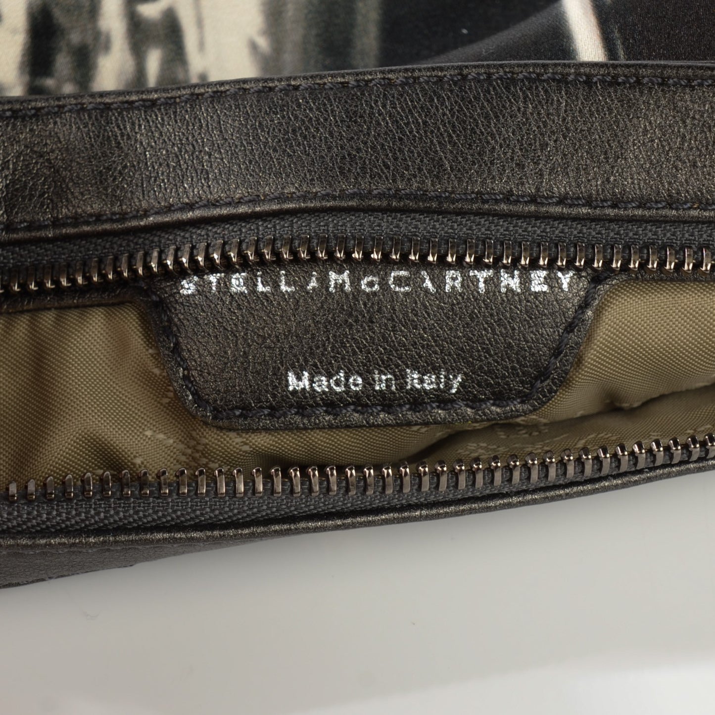 Satin Foil Print Fold Over Falabella Clutch Black