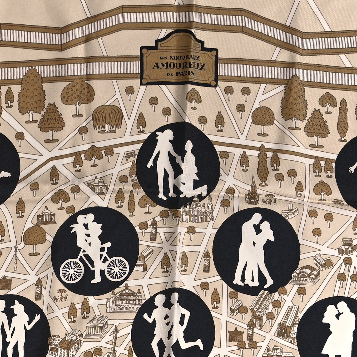 Hermes Silk Les Nouveaux Amoureux de Paris Scarf 90 Beige Black White 2 of 5