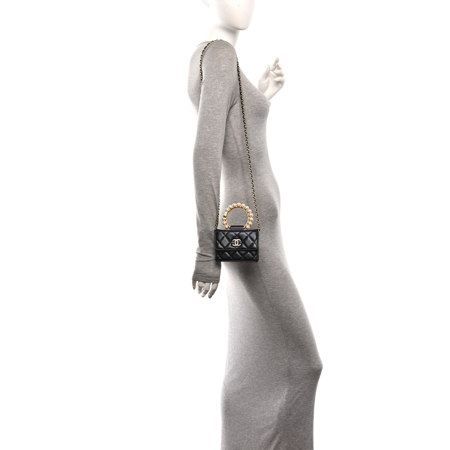 Chanel Lambskin Quilted Pearl Crown Clutch With Chain Black 2 of 11