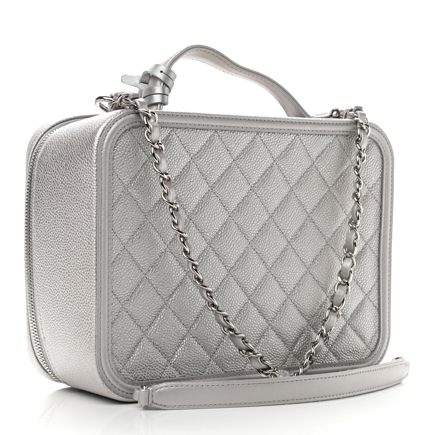 Metallic Caviar Quilted Large CC Filigree Vanity Case Silver