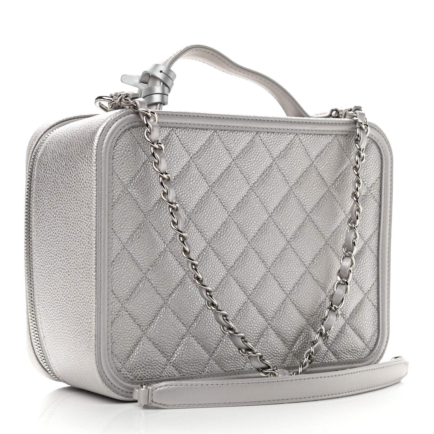 Chanel Metallic Caviar Quilted Large CC Filigree Vanity Case Silver 6 of 23