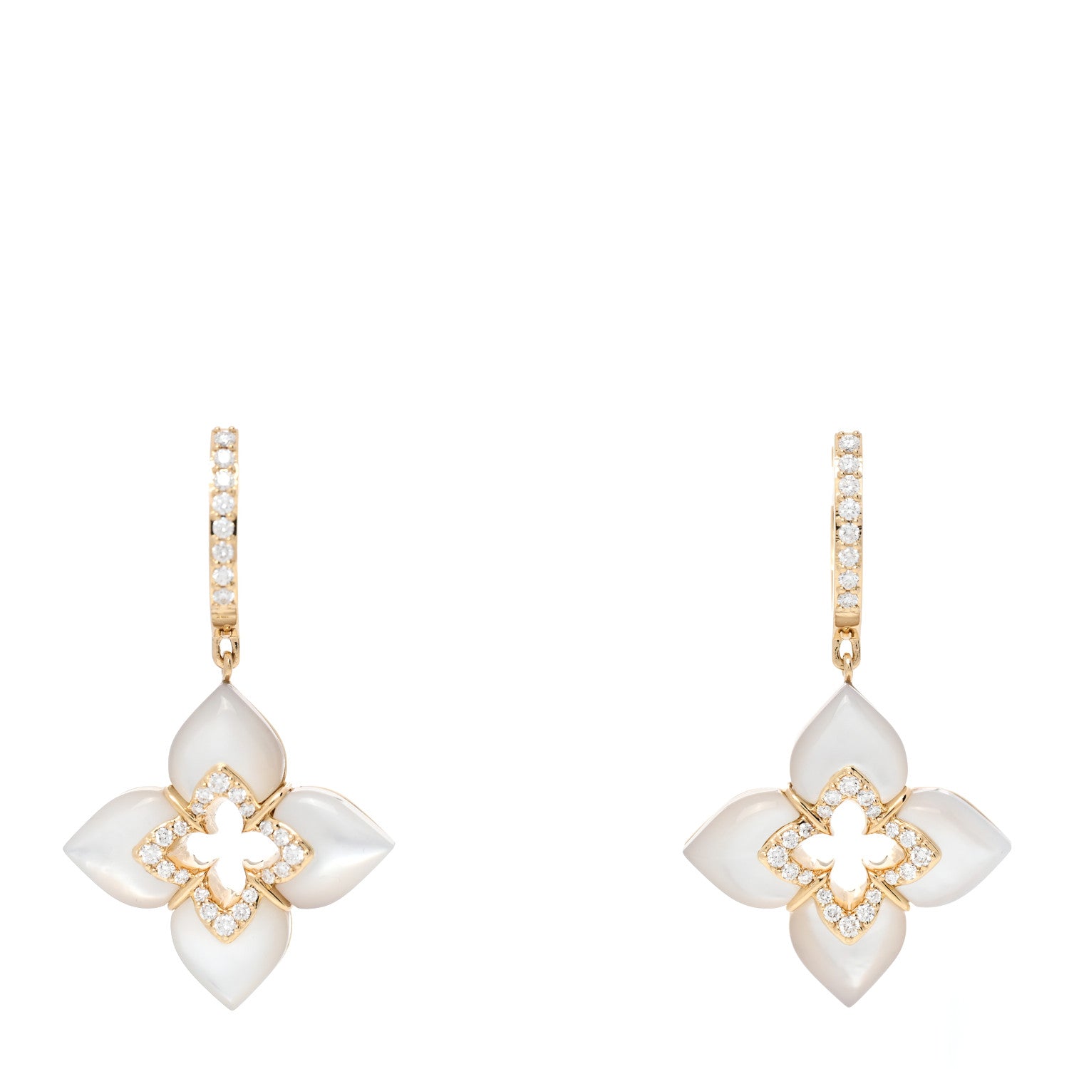 Roberto Coin 18K Yellow Gold Diamond Mother of Pearl Venetian Princess Cabachon Flower Drop Earrings 1 of 4