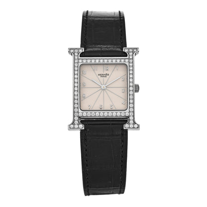 Hermes Stainless Steel Alligator Diamond Bezel 26mm Heure H Hour Quartz Watch Noir 1 of 5
