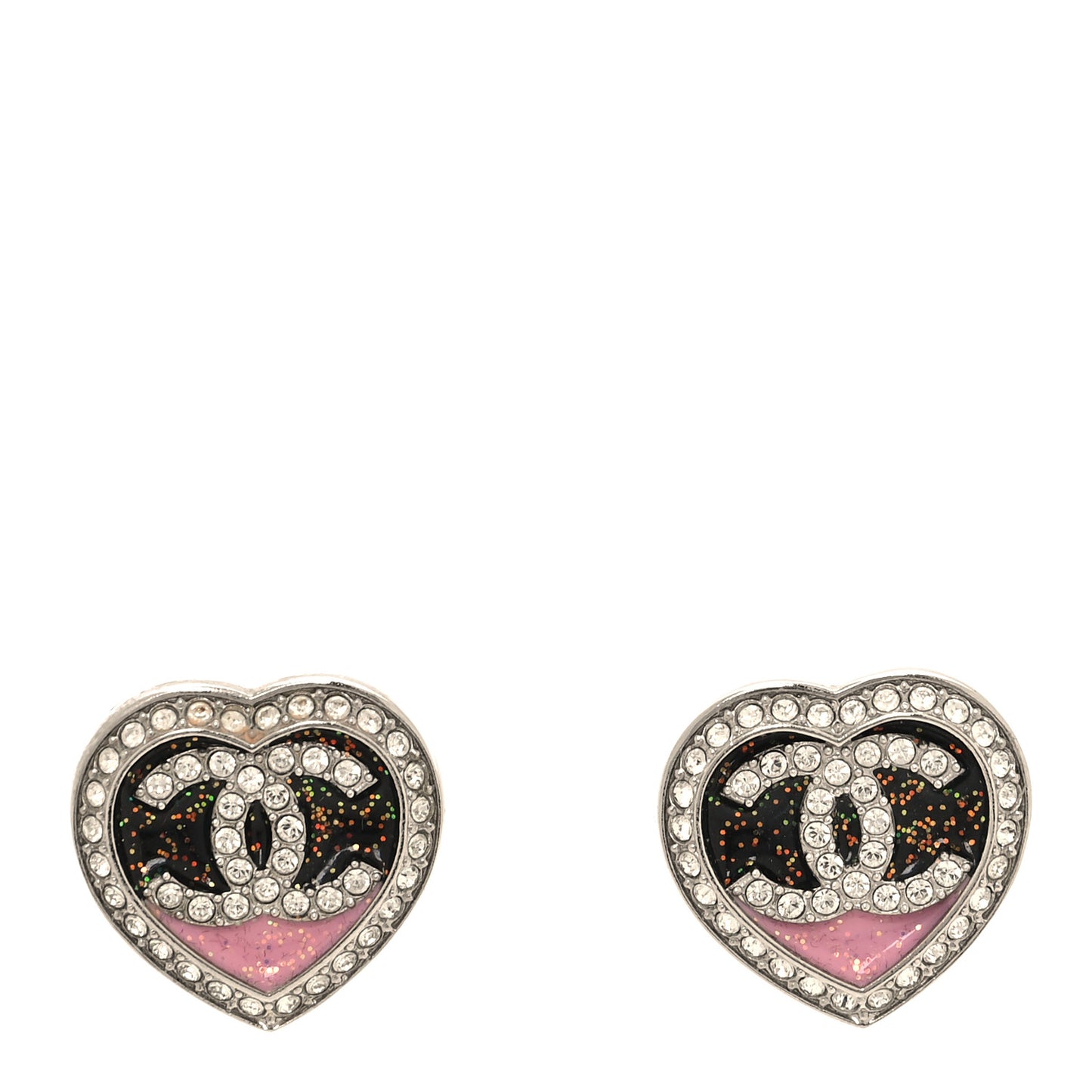 Resin Crystal Glitter CC Heart Stud Earrings Silver Black Pink