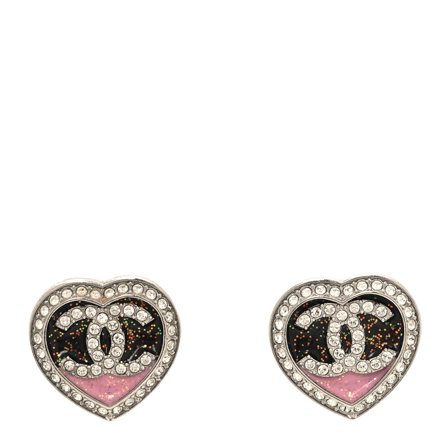 Chanel Resin Crystal Glitter CC Heart Stud Earrings Silver Black Pink 1 of 4