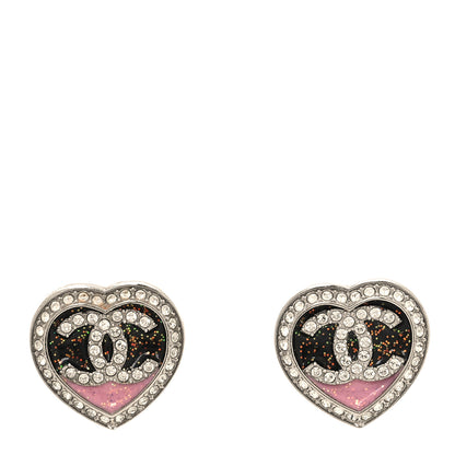 Chanel Resin Crystal Glitter CC Heart Stud Earrings Silver Black Pink 1 of 4