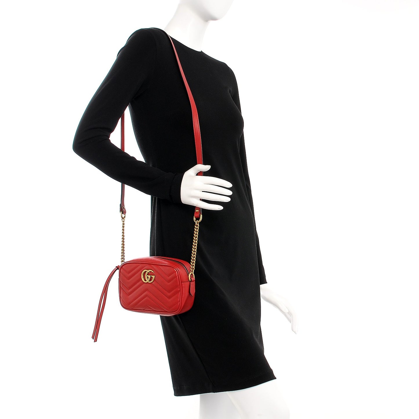 Calfskin Matelasse Mini GG Marmont Chain Shoulder Bag Hibiscus Red