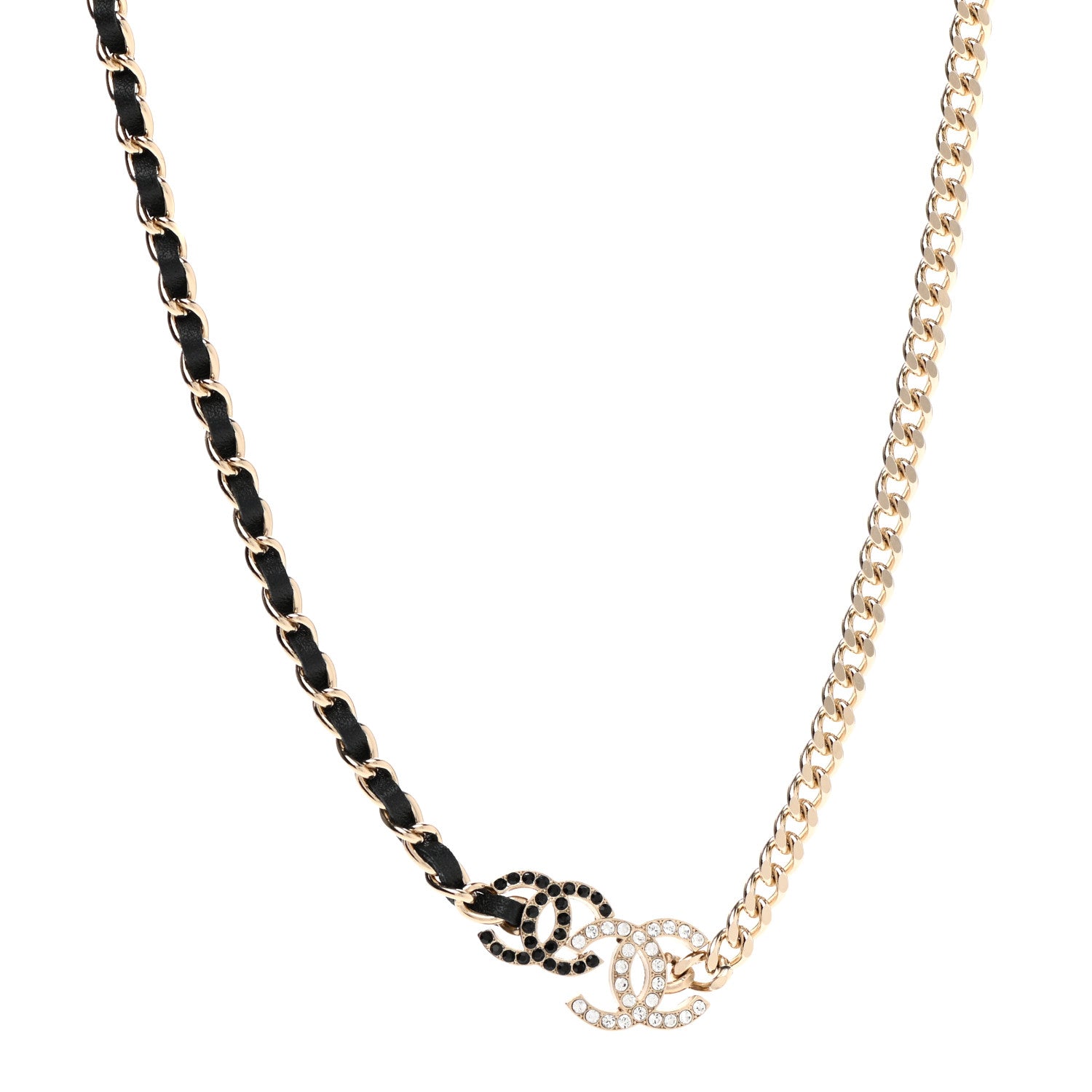 Chanel Metal Calfskin Crystal Double CC Short Necklace Black Gold 1 of 7
