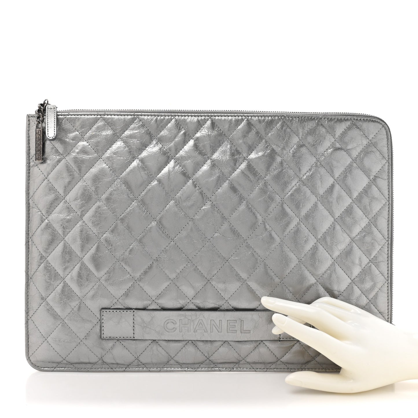 Metallic Crumpled Calfskin Quilted Large Slide Pouch Silver