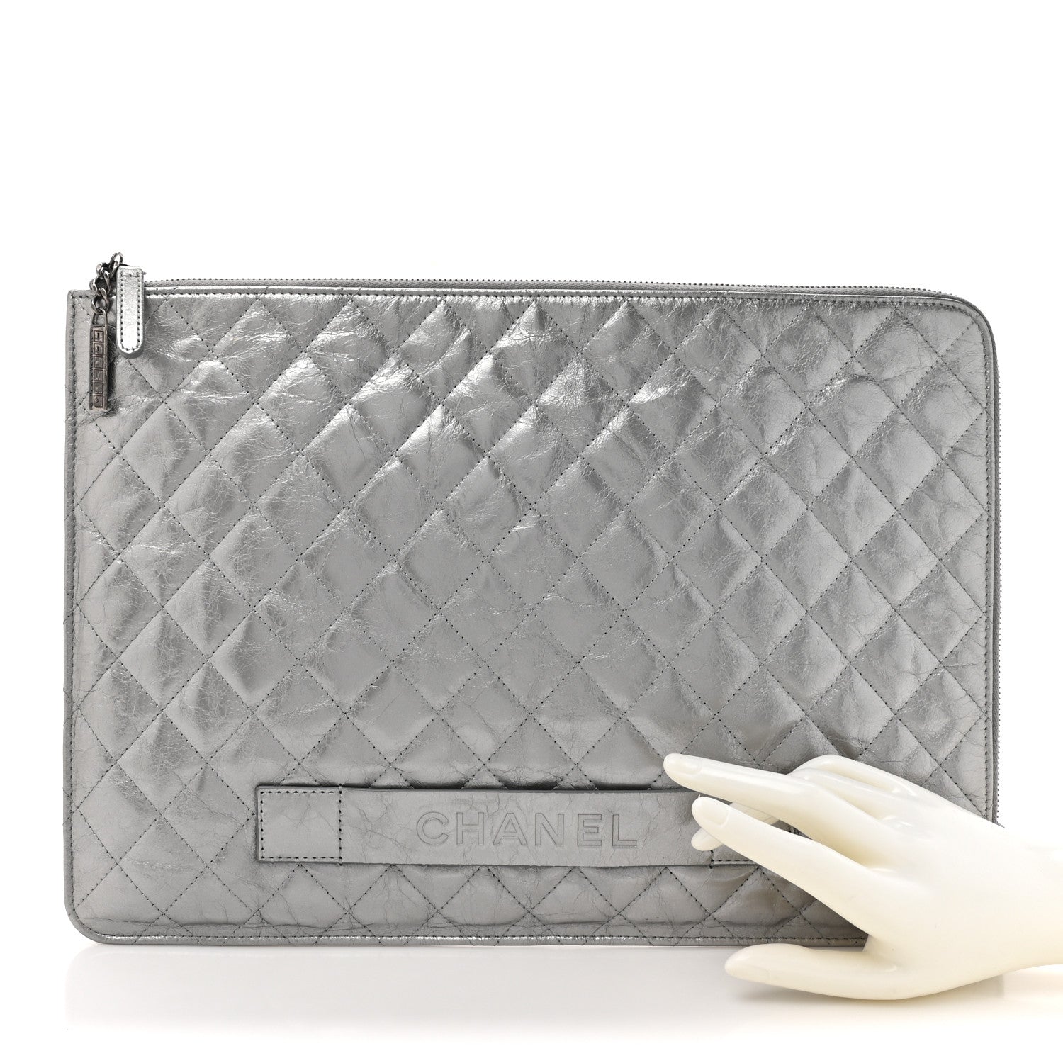Chanel Metallic Crumpled Calfskin Quilted Large Slide Pouch Silver 2 of 13